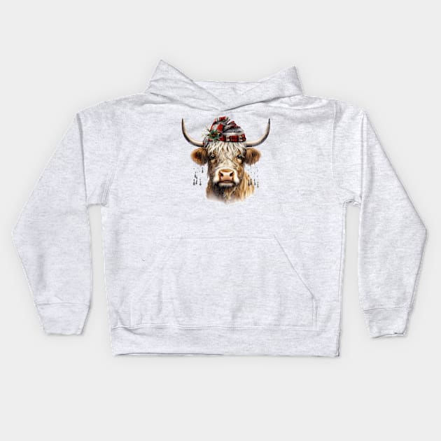 Christmas Highland Cow Kids Hoodie by Chromatic Fusion Studio